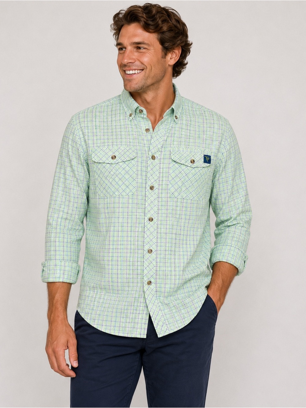 True Fly Men's M Performance Fishing Shirt Green Plaid Vented Long Sleeve UPF